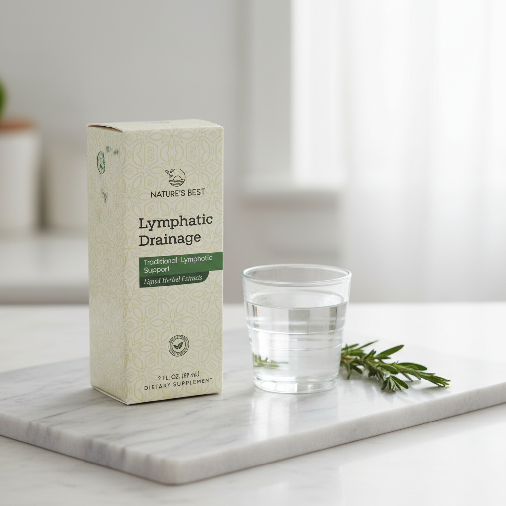 Nature's Best Lymphatic Drainage Liquid Herbal Extract 2 fl oz box on white marble countertop next to glass of water and fresh herbs