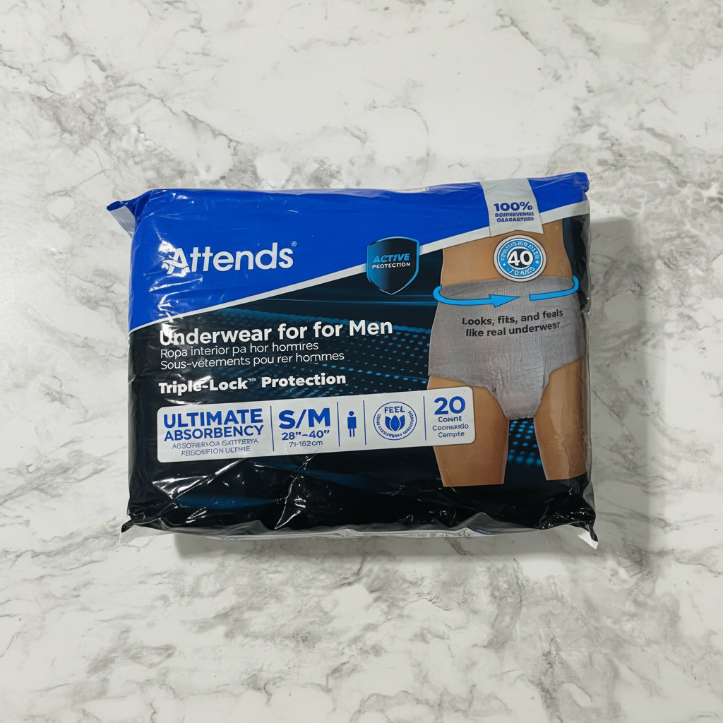 Front-facing studio shot of blue and black Attends Men's Underwear S/M packaging on clean marble surface