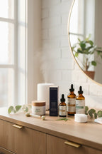 Organized beauty vanity with natural botanical skincare essentials including hemp and argan oil products