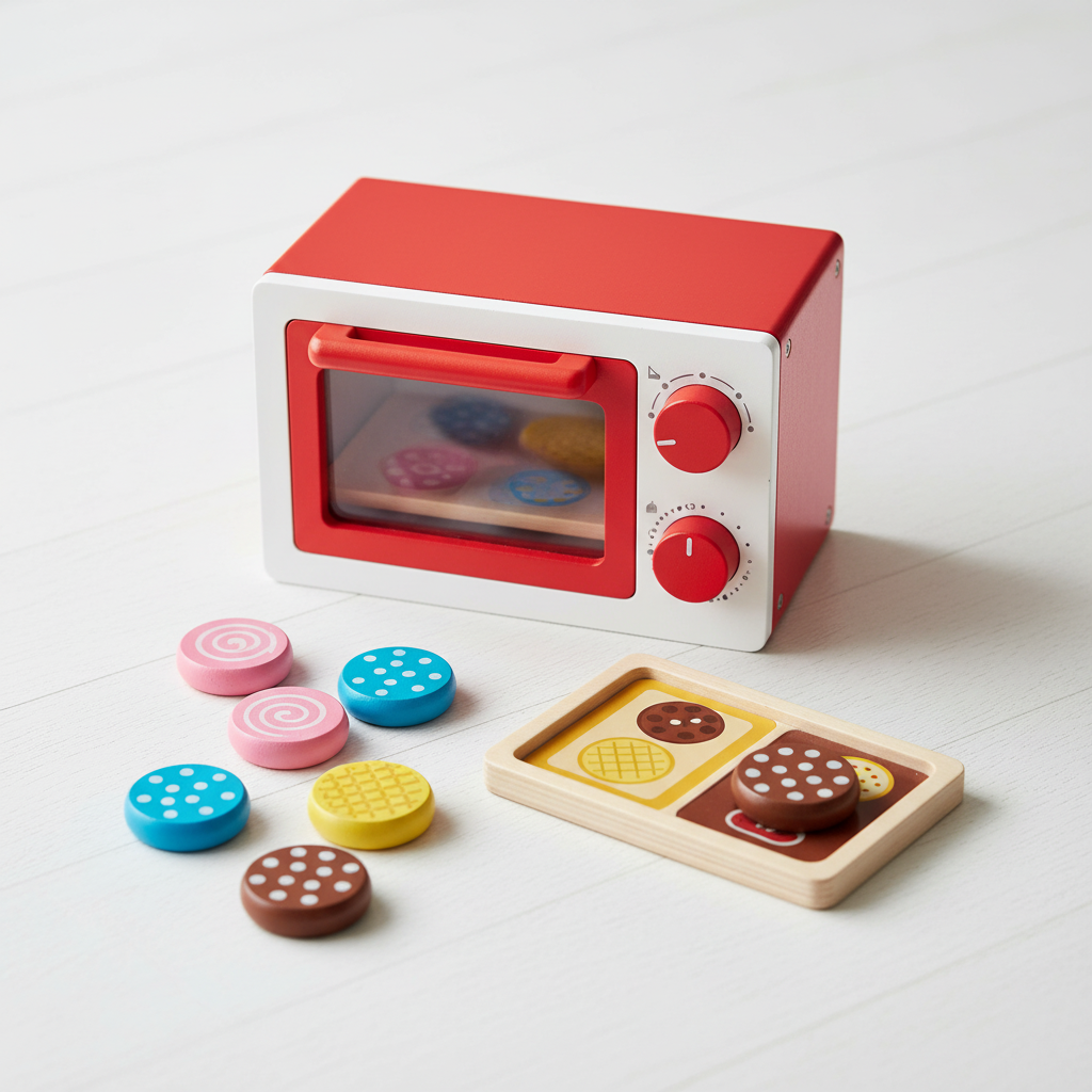 Flat lay of Hape My Baking Oven red white wooden toy with double-sided tray and six colorful play cookies on white surface