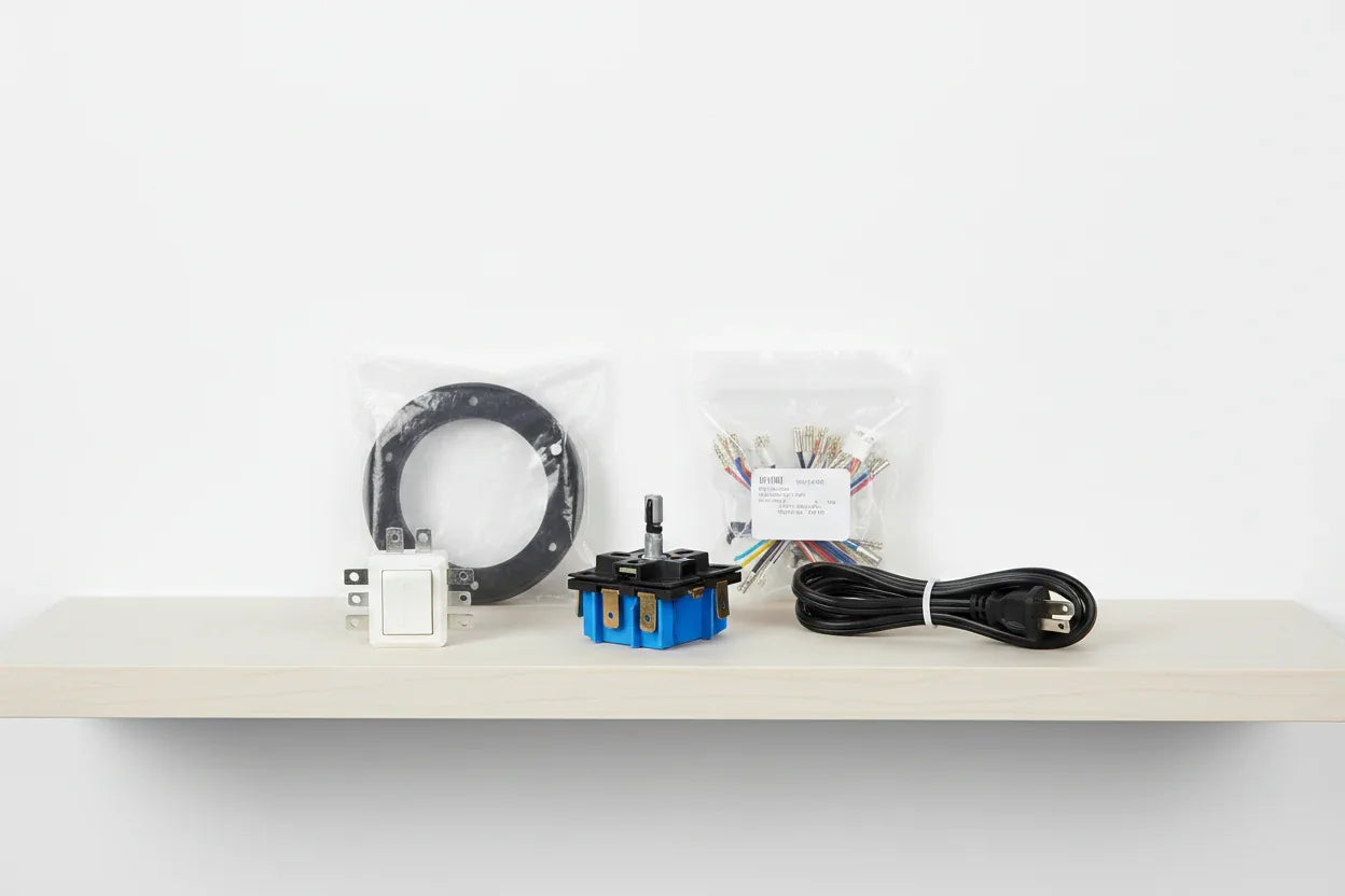 Clean minimalist shelf display of genuine appliance replacement components and electrical switches