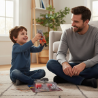 Father and child unboxing Masters of the Universe Origins Snout Spout figure together on a living room floor — More4less Outlet