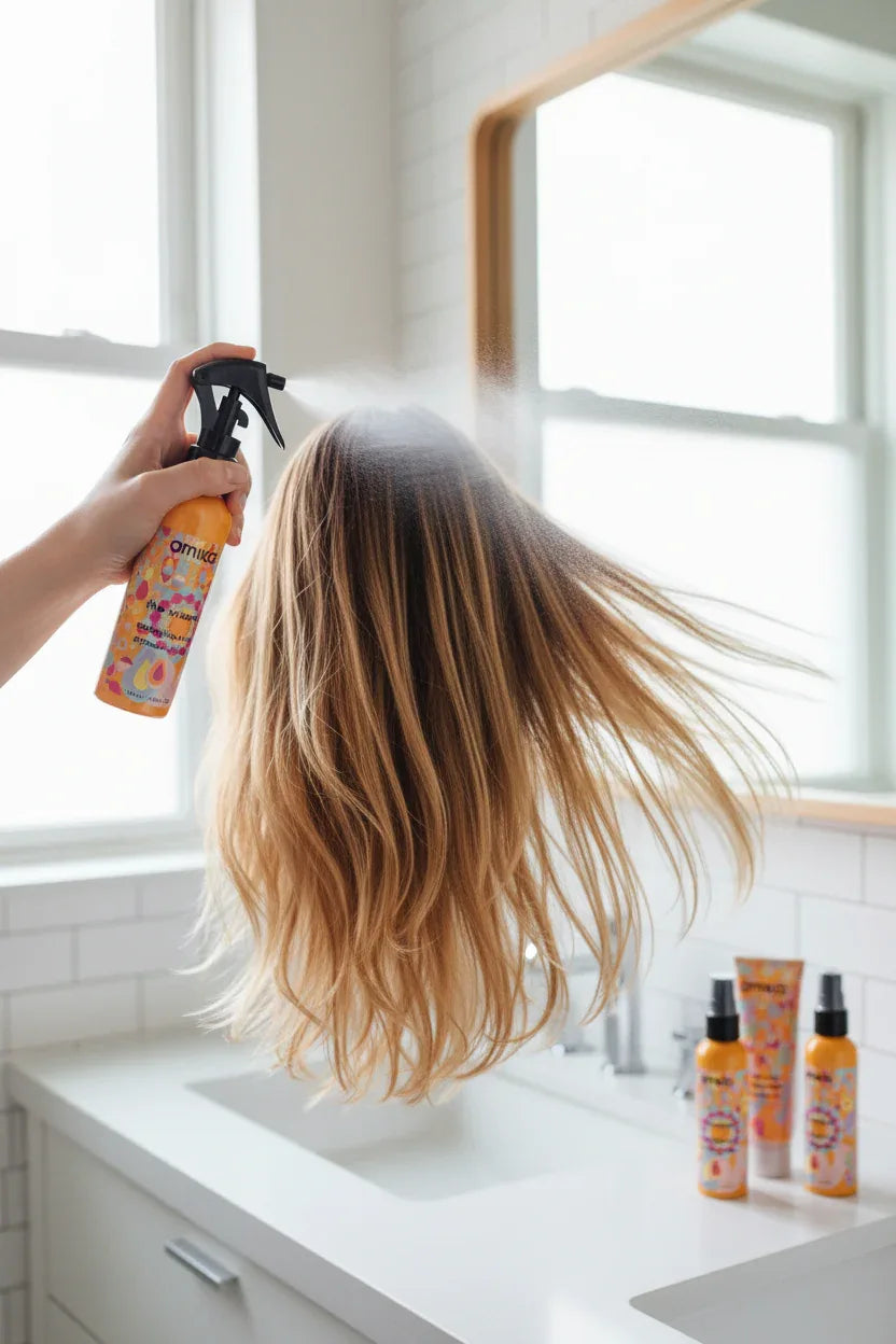amika The Wizard detangling primer being sprayed on hair lifestyle