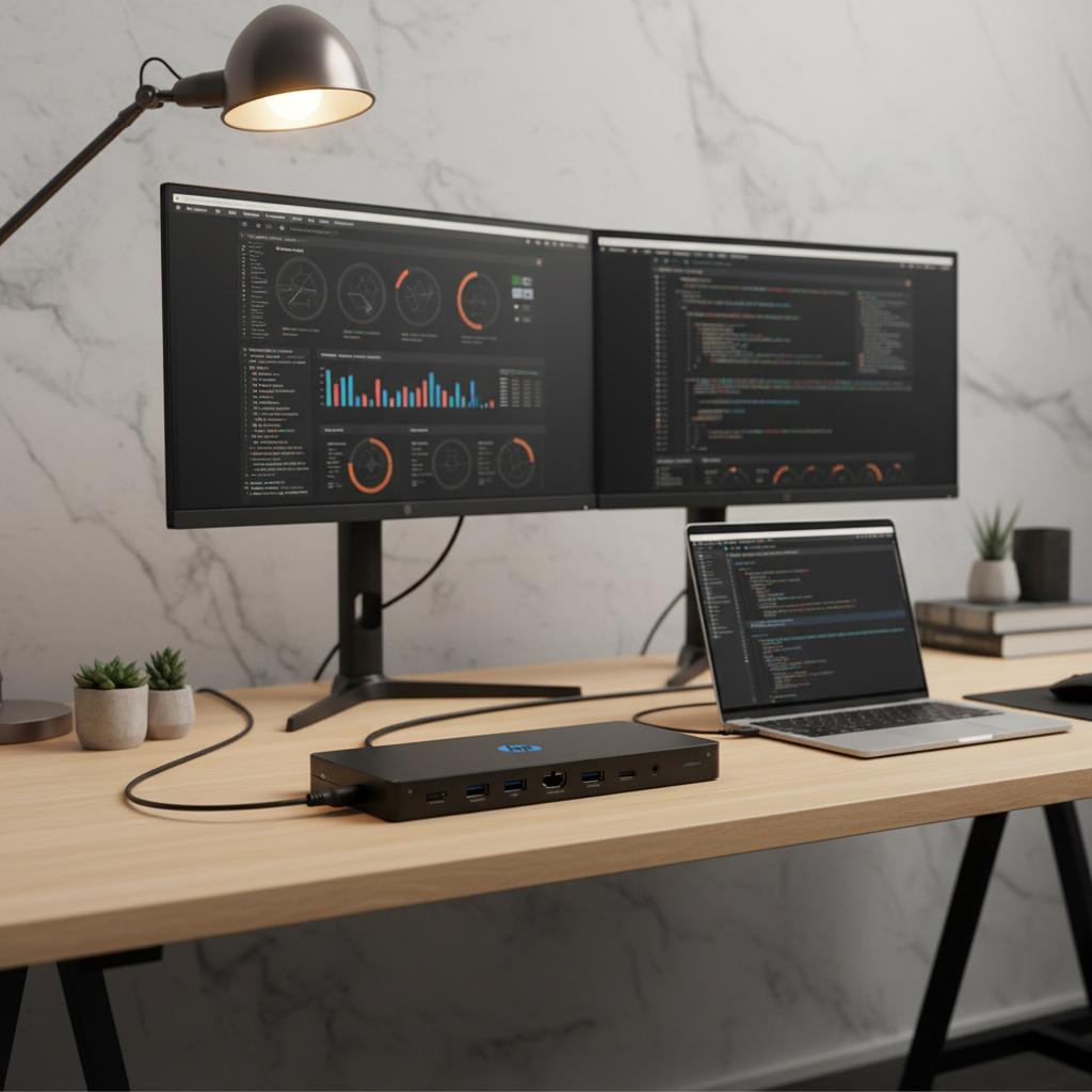 HP USB-C Dock G4 unit next to dual-monitor computer setup in organized professional office with desk lighting