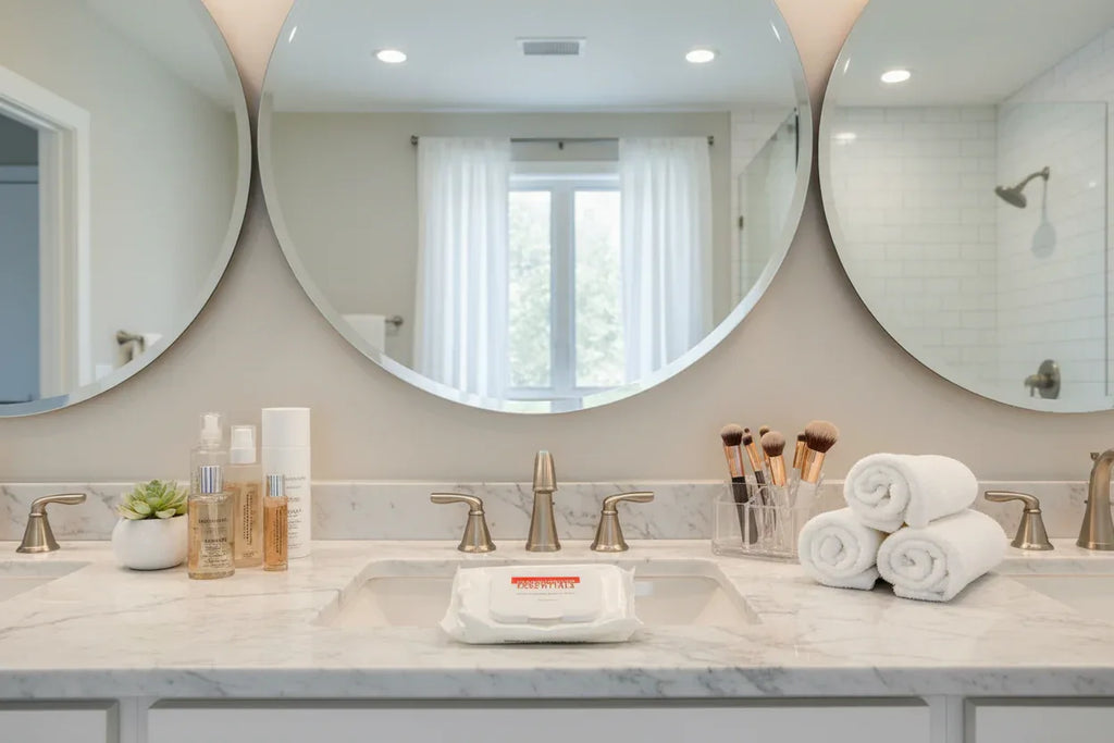 Clean master bathroom lifestyle scene displaying beauty routine essentials with makeup remover wipes on marble countertop