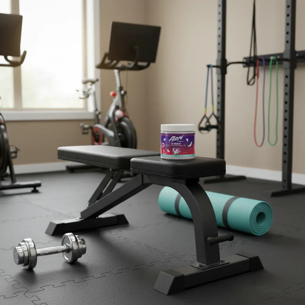 Alani Nu Hawaiian Shaved Ice Pre-Workout tub in clean home gym with dumbbells, yoga mat, and workout equipment.