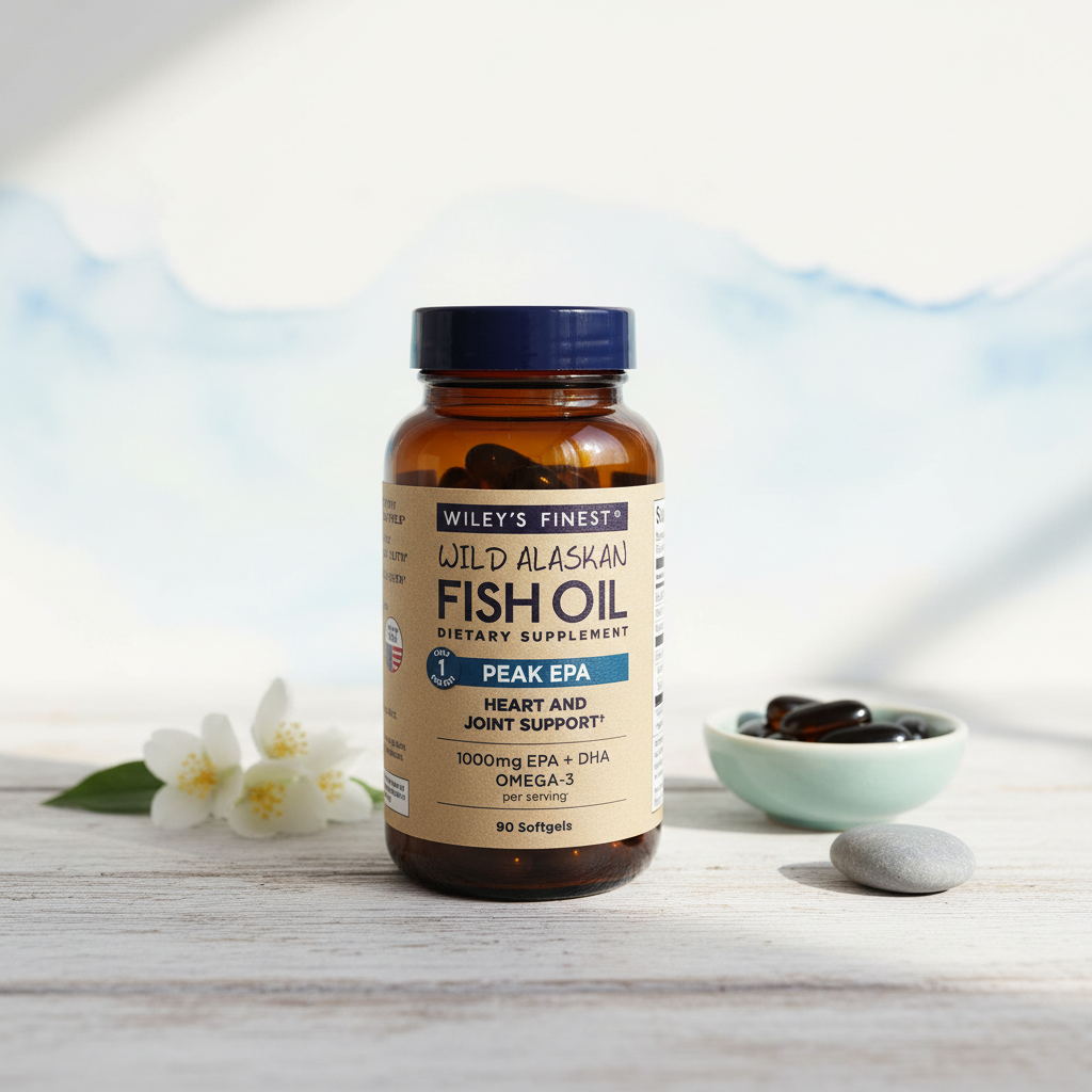 Lifestyle context image of Wiley's Finest Wild Alaskan Fish Oil Peak EPA 90 softgels (AI-generated for visual illustration only) – wooden surface ocean wellness setting – More4less Outlet