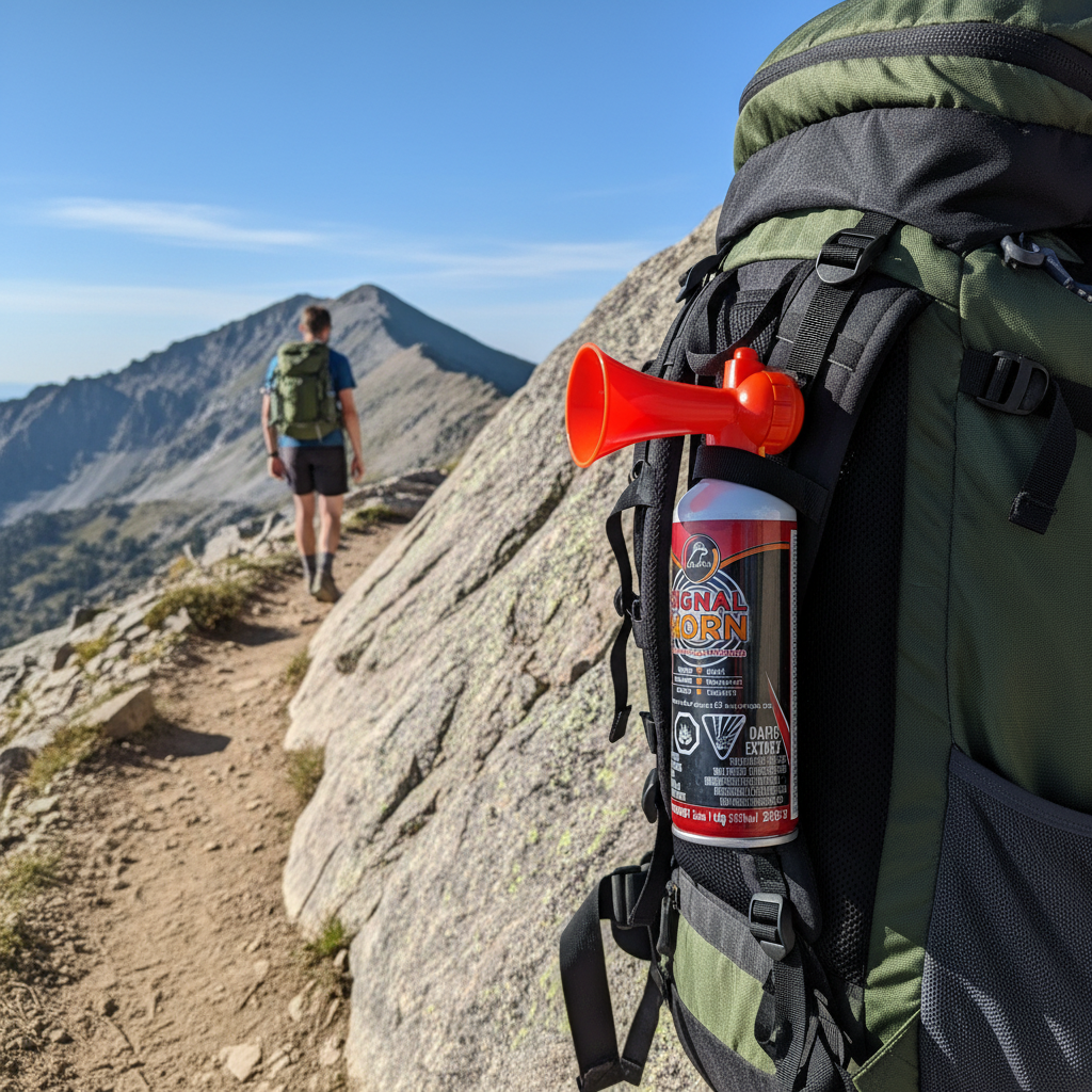 Orange portable air horn signal device clipped to hiking backpack strap on mountain trail, outdoor safety lifestyle