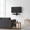 OmniMount OWS22 AV wall shelf mounted beneath flat screen TV in minimalist entertainment setup