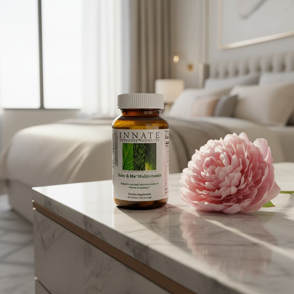Innate Response Baby & Me Multivitamin on marble nightstand in sunlit master bedroom with delicate blooming flower
