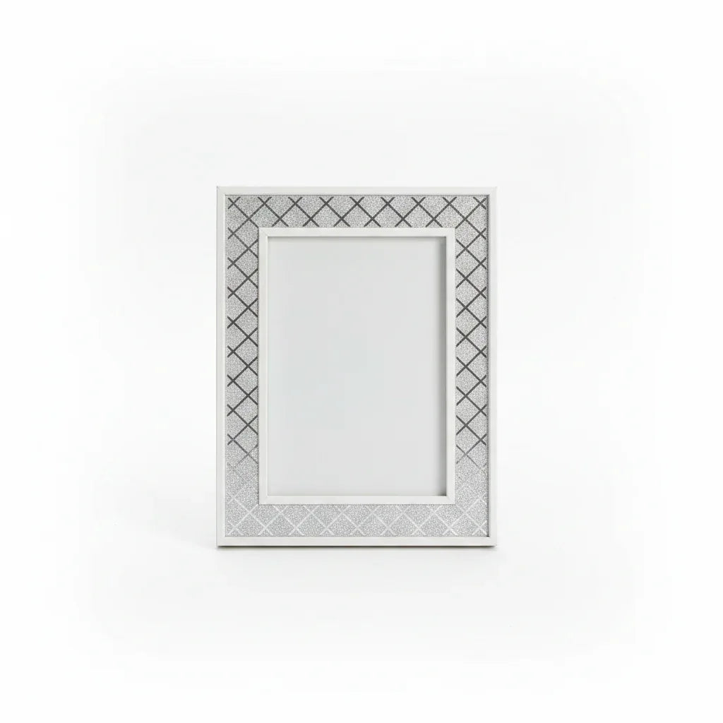 Malden Luxury Collection silver glitter diamond frame in bright studio setting on white surface, detailed sparkle texture visible