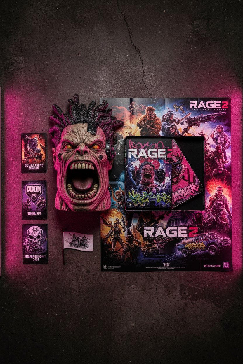 RAGE 2 Collector's Edition flat lay with Ruckus the Crusher talking head, Steelbook, and poster on dark surface with pink lighting — More4less Outlet