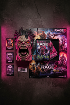 RAGE 2 Collector's Edition flat lay with Ruckus the Crusher talking head, Steelbook, and poster on dark surface with pink lighting — More4less Outlet