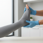 Close up of ankle with compression sleeve during physical therapy rehabilitation session, clinical setting