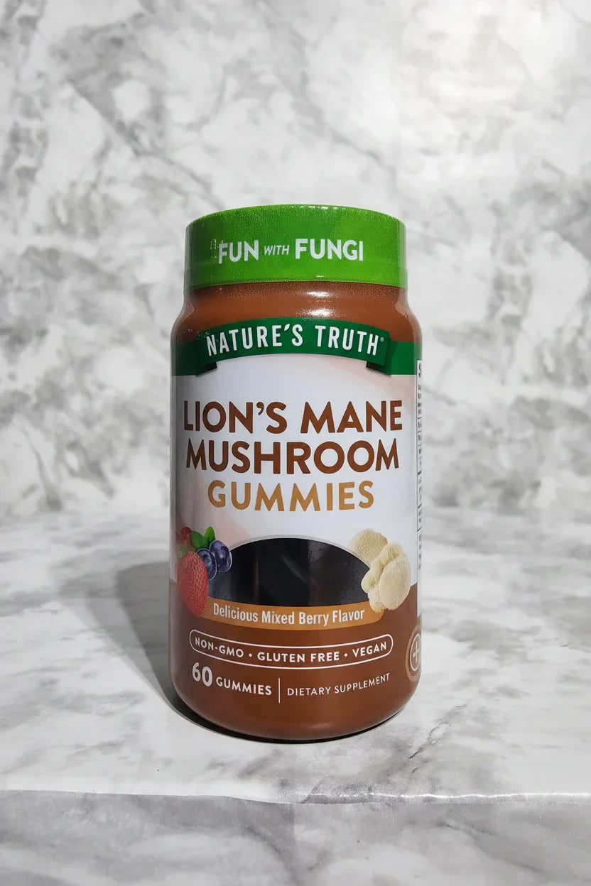 Nature's Truth Lion's Mane Gummies jar with natural sunlight on marble countertop