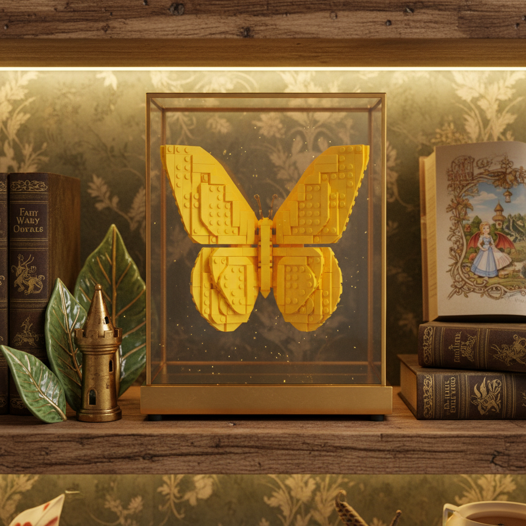 Completed LEGO yellow butterfly building set displayed closed on a bedroom shelf as a decorative display piece