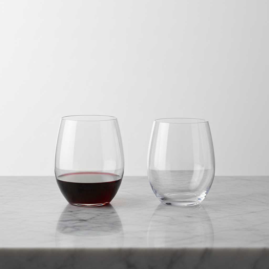 Riedel The O stemless crystal wine tumblers side view grey marble benchmark bowl curvature crystal clarity — More4less Outlet