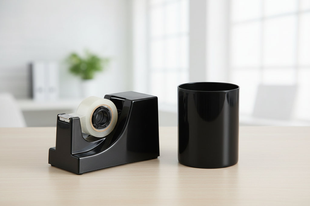 Close-up of Officemate black weighted tape dispenser and pencil cup from 5-piece desk organizer set in modern office