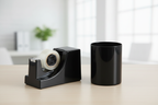 Close-up of Officemate black weighted tape dispenser and pencil cup from 5-piece desk organizer set in modern office