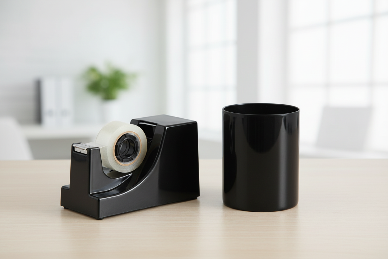 Close-up of Officemate black weighted tape dispenser and pencil cup from 5-piece desk organizer set in modern office