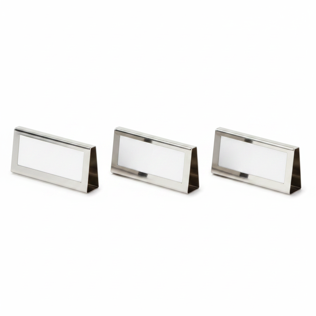 Whitmor removable silver label clips set of 3 with white label cards on white studio background