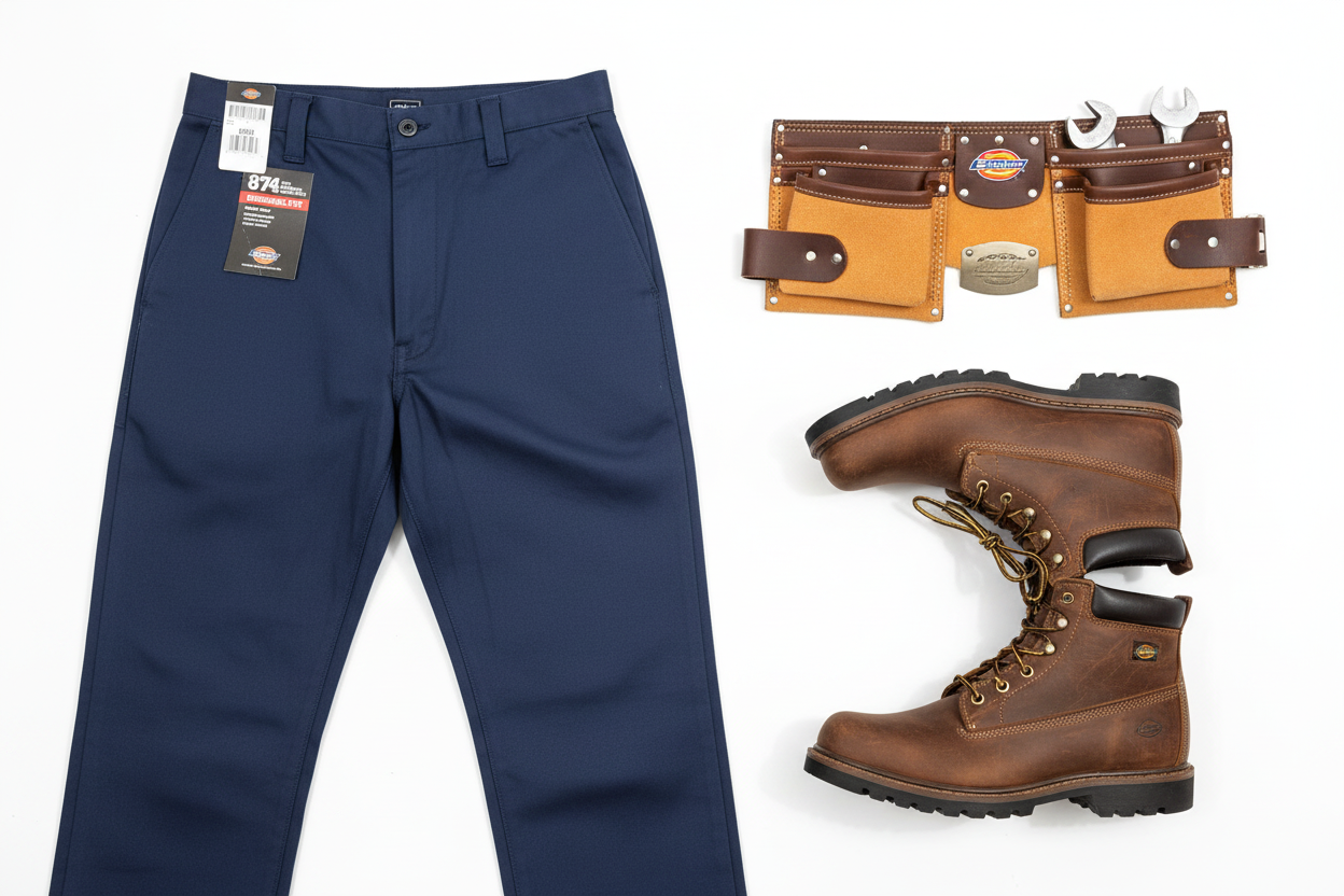 Dickies 874 Original Fit Work Pant navy flat lay with work boots and tool belt – More4less Outlet