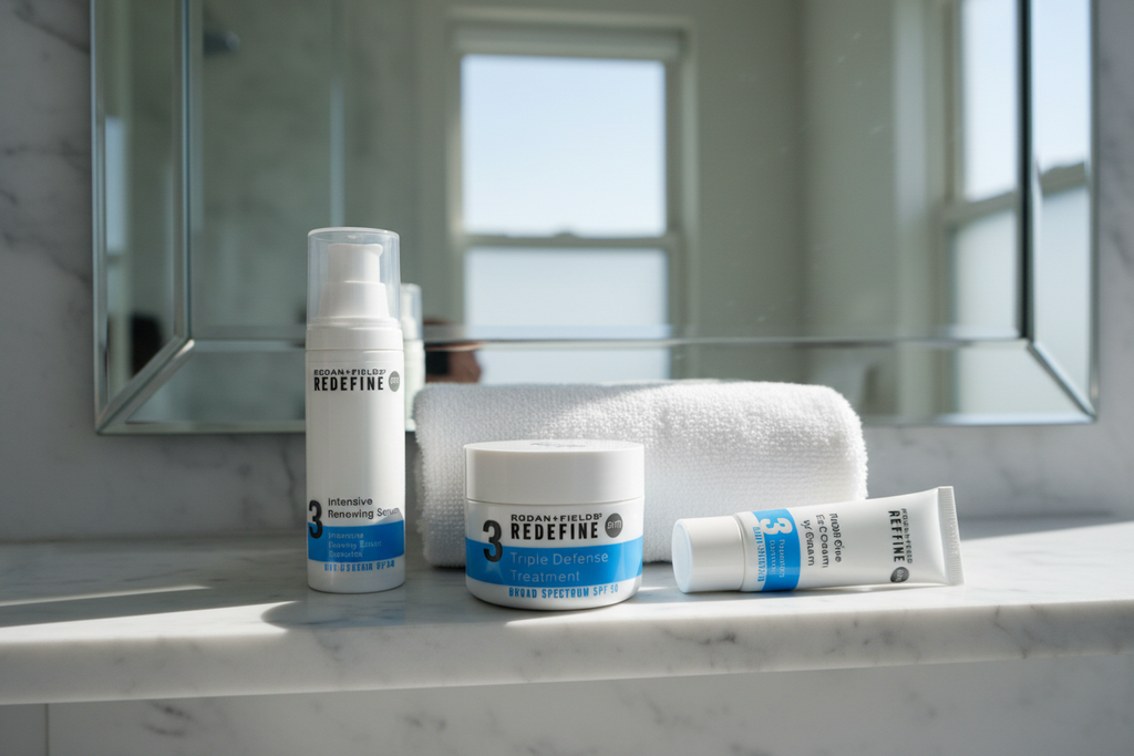 Rodan + Fields REDEFINE Triple Defense Treatment SPF 30 AM jar on luxury bathroom vanity shelf with REDEFINE skincare products and white towel – More4less Outlet