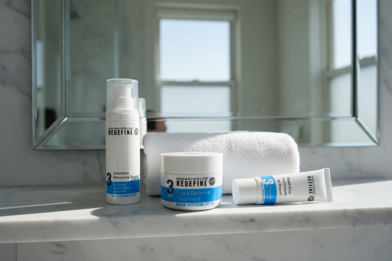 Rodan + Fields REDEFINE Triple Defense Treatment SPF 30 AM jar on luxury bathroom vanity shelf with REDEFINE skincare products and white towel – More4less Outlet
