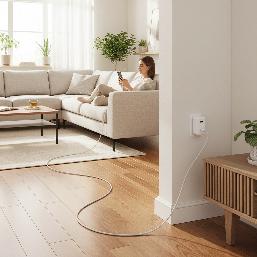 Person relaxing on couch charging iPhone with long white USB-C to Lightning cable — More4less Outlet