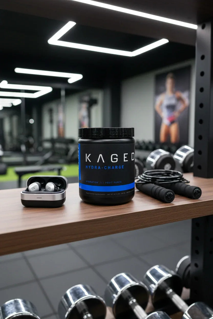 Kaged Hydra-Charge tub on home gym workout shelf next to wireless earbuds and weighted skipping rope