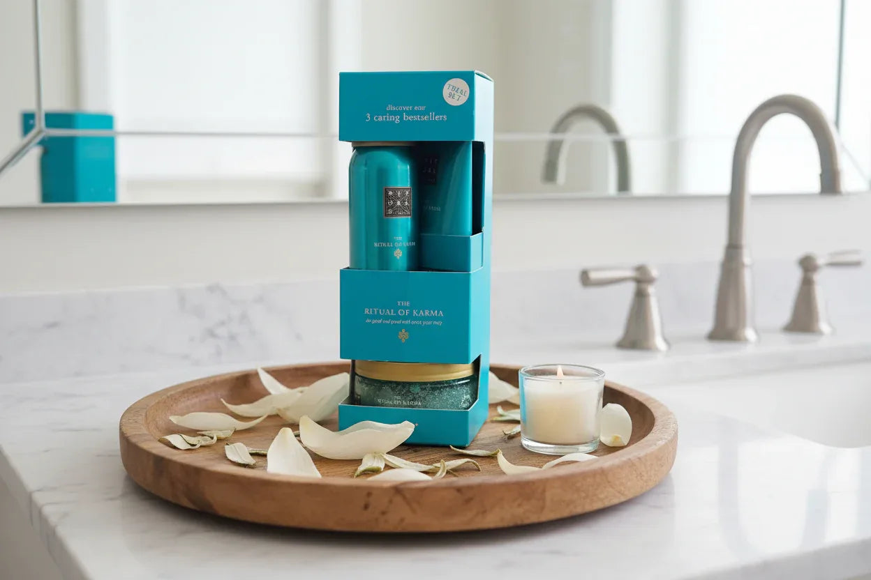 Rituals Ritual of Karma trial set on wooden vanity tray with white tea and lotus petals lifestyle