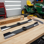 Two black steel MTD 38-inch lawn mower replacement blades star center holes garage workbench riding lawn mower original packaging lawn maintenance - More4less Outlet
