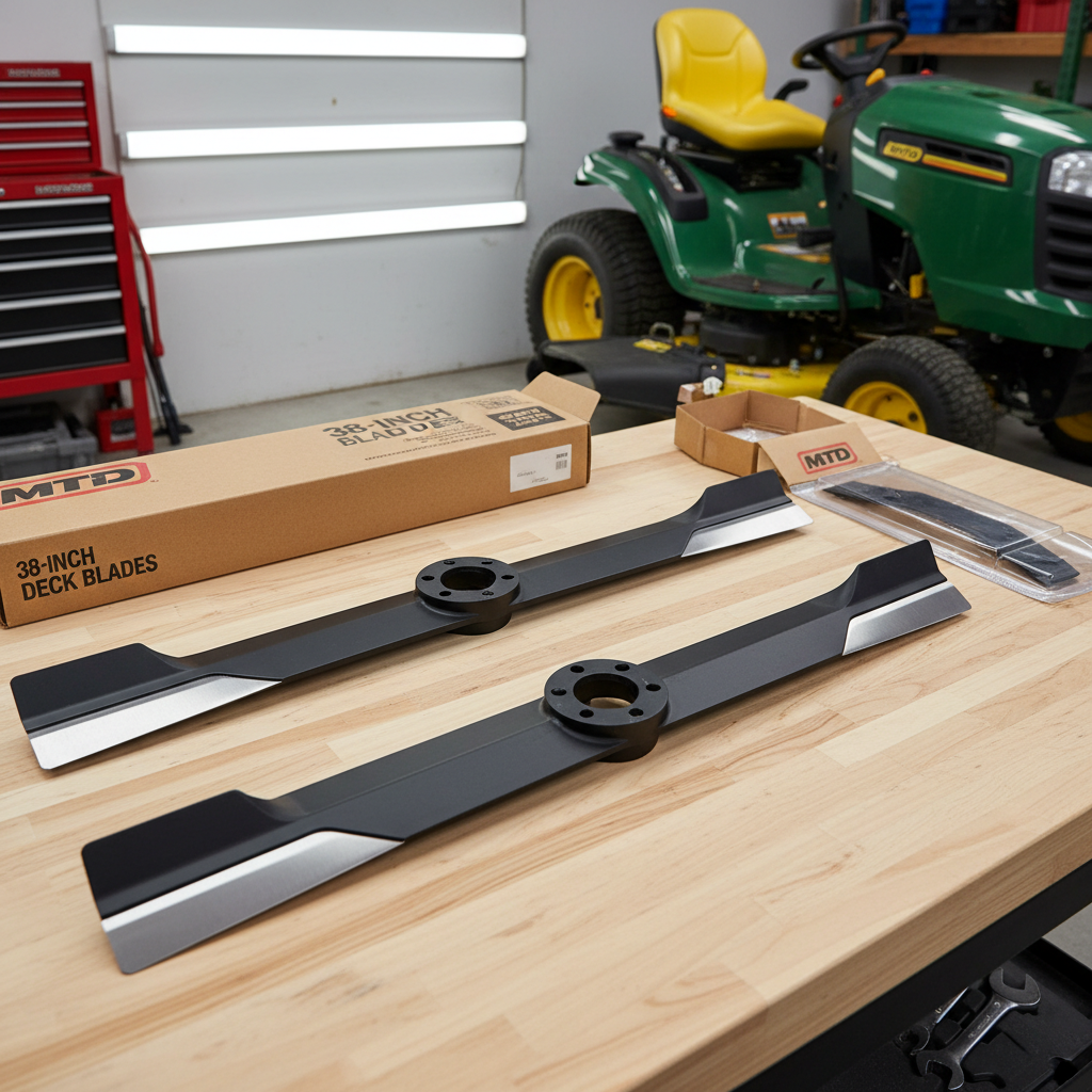 Two black steel MTD 38-inch lawn mower replacement blades star center holes garage workbench riding lawn mower original packaging lawn maintenance - More4less Outlet