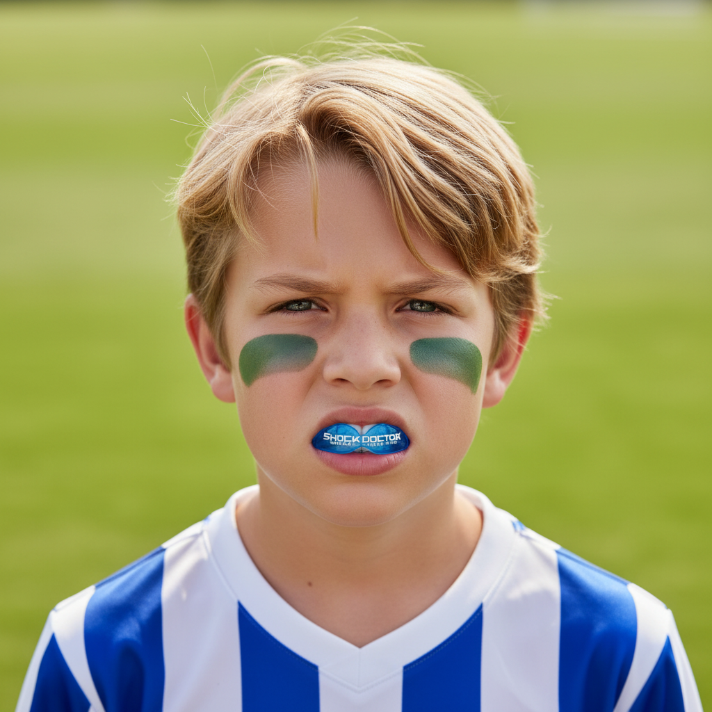 Young youth athlete wearing blue Shock Doctor mouthguard on bright soccer field with green grass background – More4less Outlet