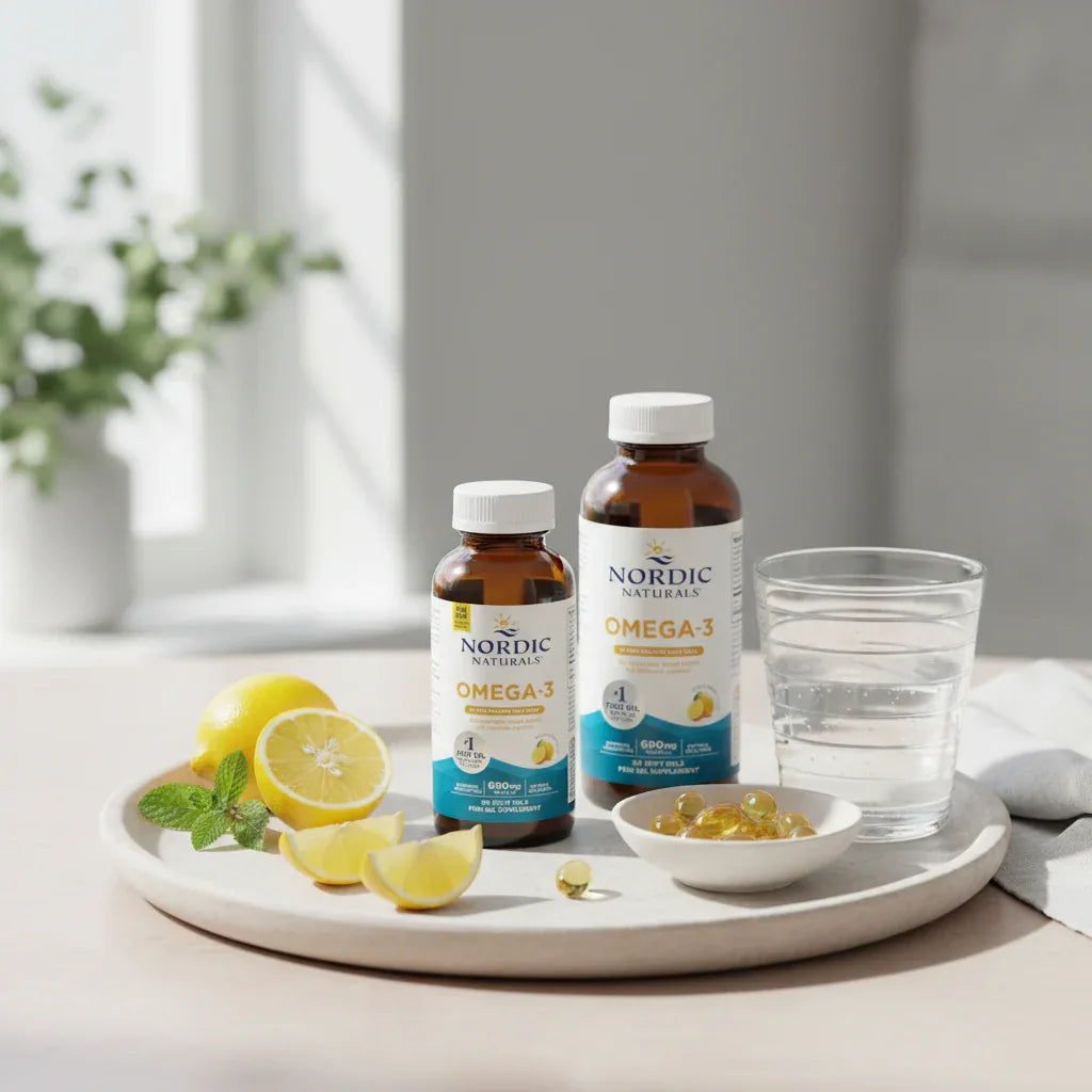 Minimal morning table setup featuring healthy daily omega-3 supplement habit with lemon flavor bottles