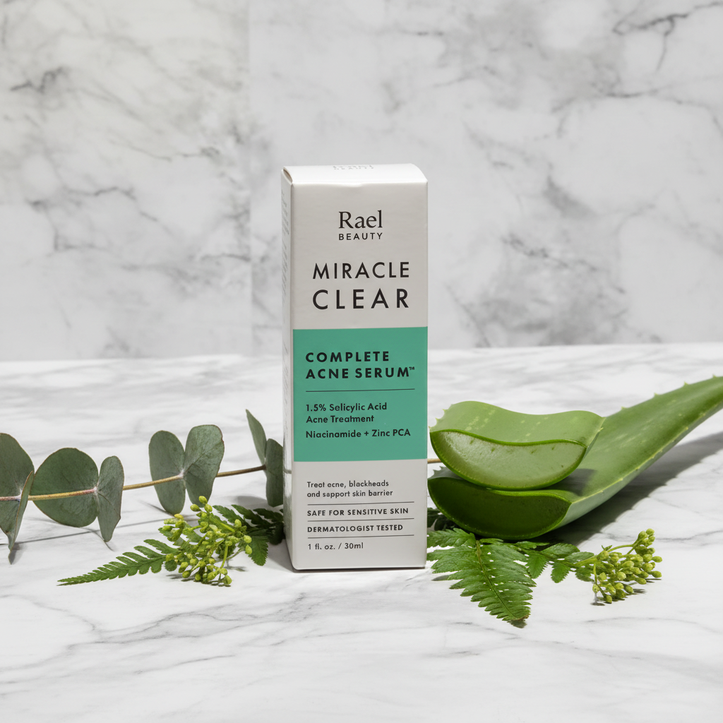 Rael Beauty Miracle Clear Acne Serum white and green box beside fresh aloe vera and green botanicals on white marble – More4less Outlet