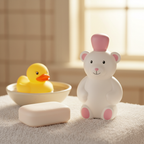 Lifestyle image — white and pink toddler cologne bottle on soft white bath towel beside rubber duck and baby soap, gentle bathroom lifestyle for visual context only
