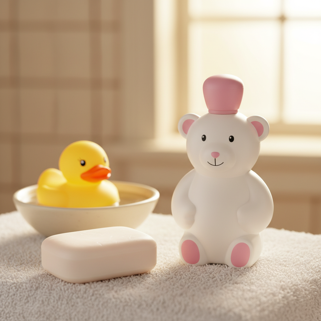 Lifestyle image — white and pink toddler cologne bottle on soft white bath towel beside rubber duck and baby soap, gentle bathroom lifestyle for visual context only