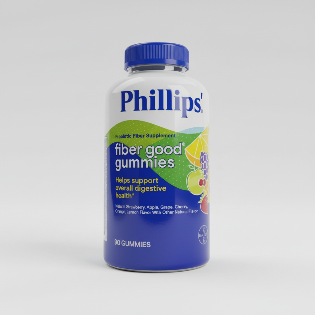 Phillips Fiber Good Gummies Prebiotic Fiber 90-count bottle on a neutral studio surface