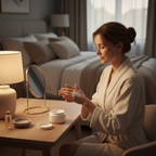 Woman applying rich moisturizing cream to her hands at a bedroom vanity during her nighttime skincare routine