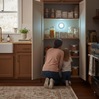 Parent and child looking into a brightly lit pantry with a tap-activated puck light mounted inside