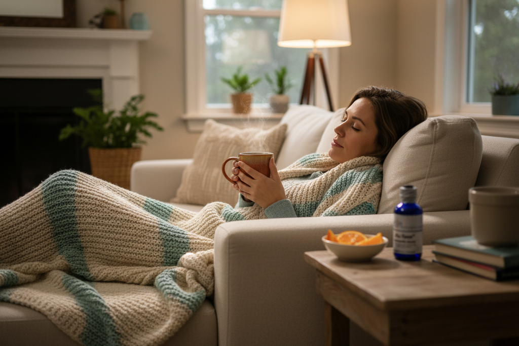 Person resting on a couch wrapped in a blanket with a warm mug of tea, seasonal wellness and flu recovery lifestyle