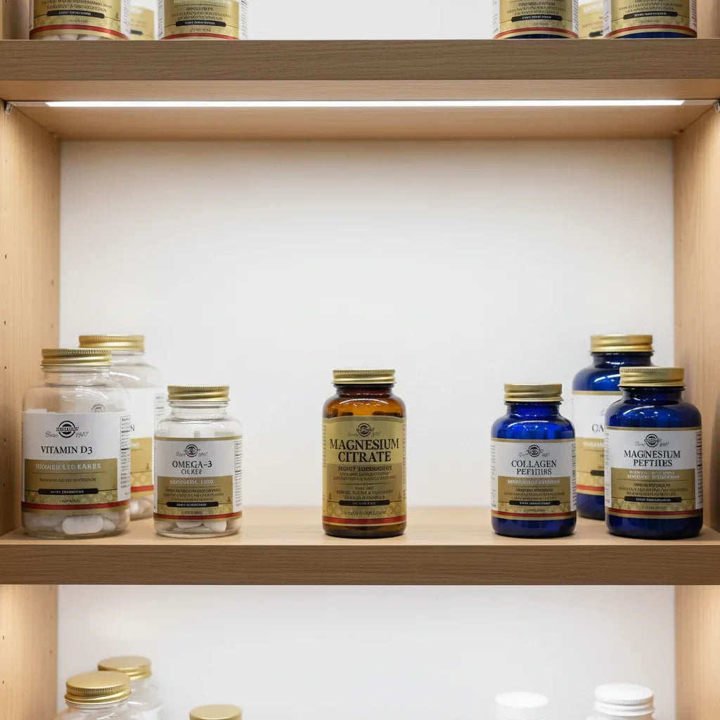 Solgar Magnesium Citrate bottle in minimalist health apothecary cabinet with designer glass containers