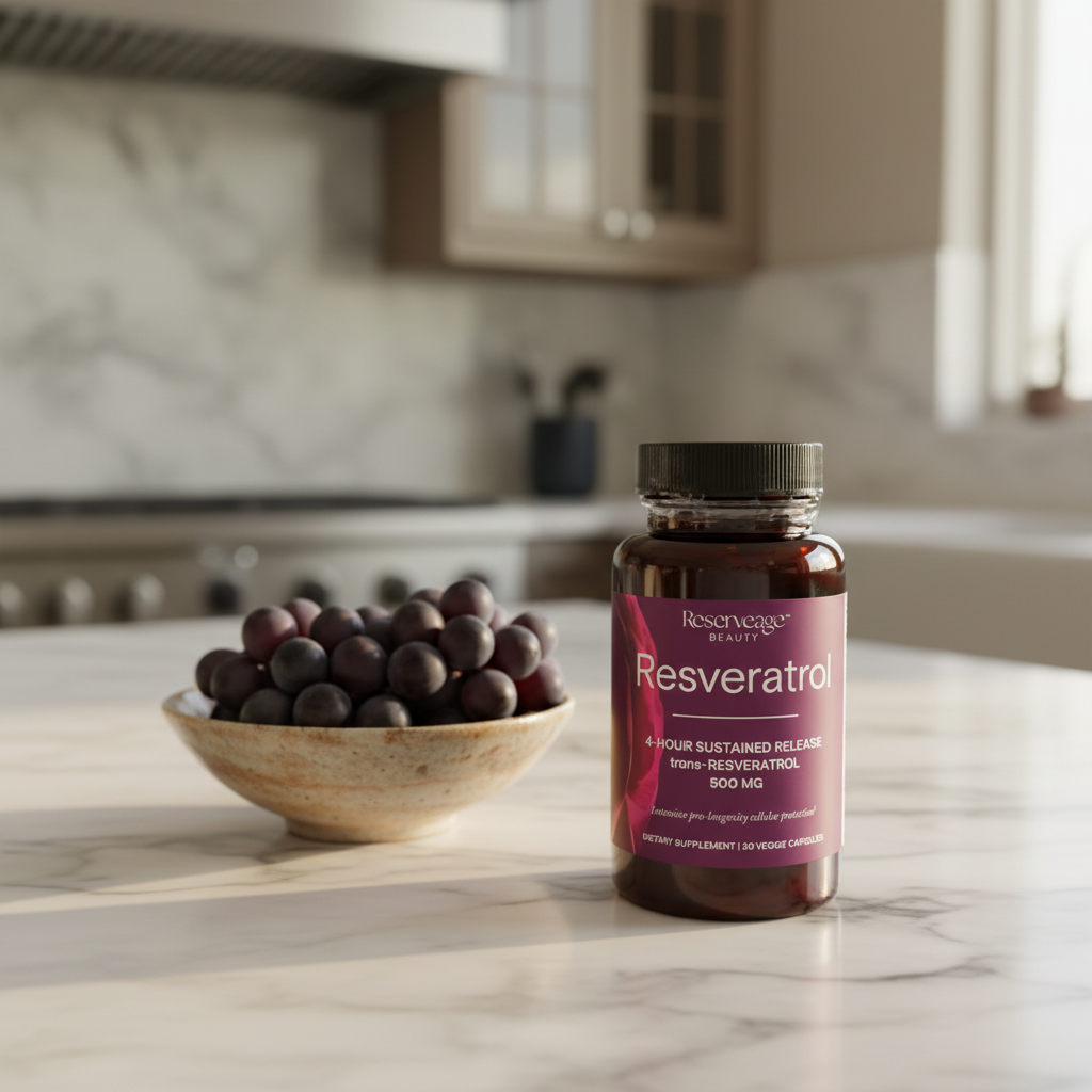 Reserveage Resveratrol 500mg on marble breakfast counter beside artisan bowl of organic grapes in warm morning light
