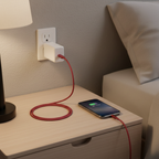 White 18W USB-C PD wall charger with cranberry braided Lightning cable charging iPhone on nightstand — More4less Outlet