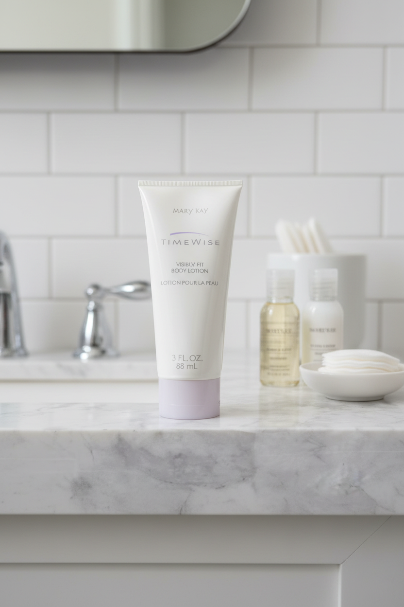 Mary Kay TimeWise Visibly Fit Body Lotion 3oz tube on marble bathroom vanity with travel skincare essentials