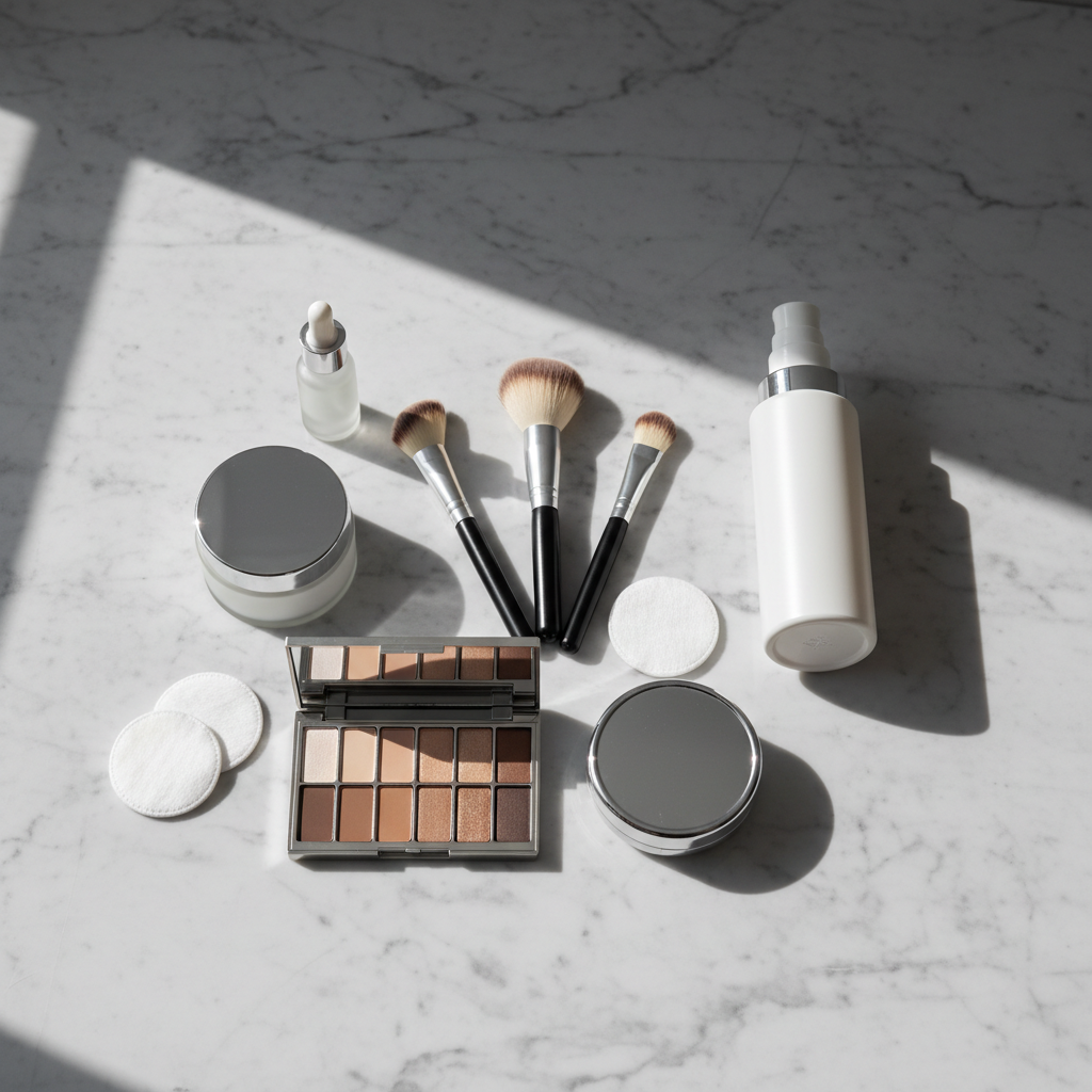 Luxury beauty vanity flatlay with skincare essentials on grey marble surface