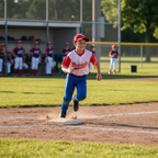 Young boy in youth baseball uniform running bases during game, athletic youth player in motion on baseball field