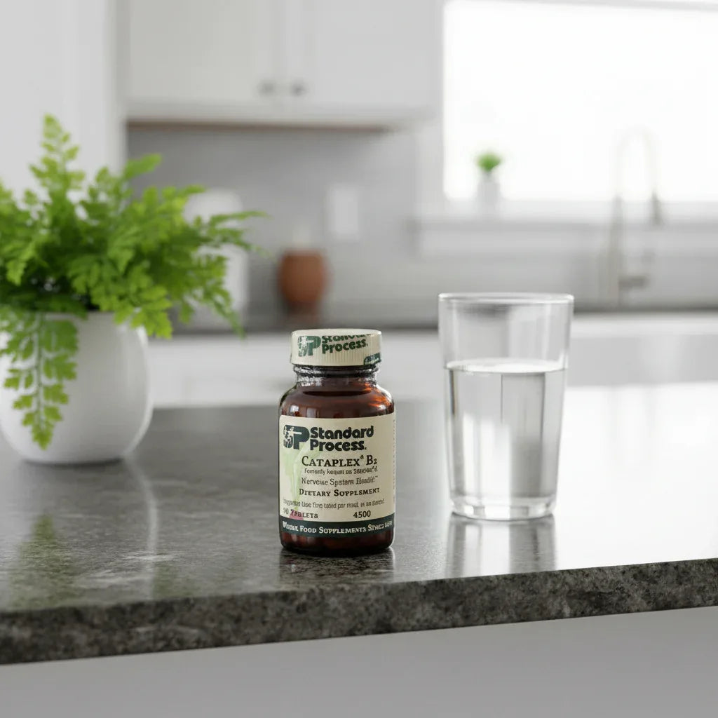 Standard Process Cataplex B2 on modern dark granite kitchen island with green houseplant and drinking glass