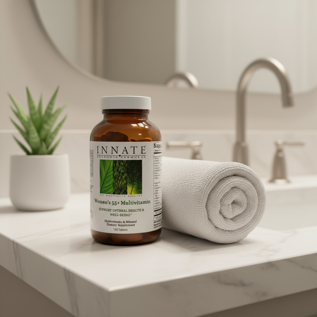 Innate Response Women's 55+ Multivitamin on minimalist bathroom vanity with aloe vera plant and rolled white towel